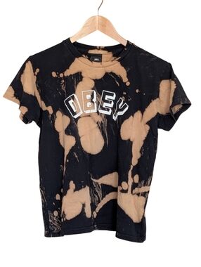 Obey Black Tee with Tan Bleach Splatter Small Casual Skater Streetwear Grunge
